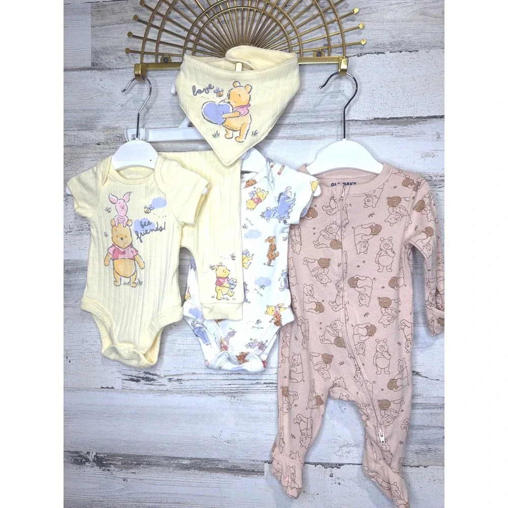 Disney Old Navy Winnie the Pooh Baby Bundle NB 0-3M Yellow Tan Ribbed EUC